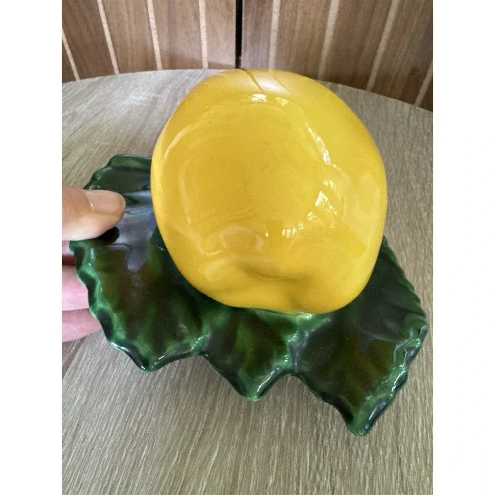 Vintage Ceramic Golden Yellow Apple Wall Pocket Hanging Decor Green Leaf